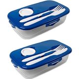 Lunchbox wit met bestek 1 liter plastic - 2x - Salade to go - Paris - Luchtdicht/hermetisch afgesloten vershouddoos bakje - Mealprep - Maaltijden bewaren