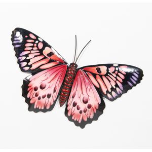 Anna's Collection Wand decoratie vlinder - rood - 45 x 28 cm - metaal - muurdecoratie/schutting - buiten - tuinbeelden van dieren