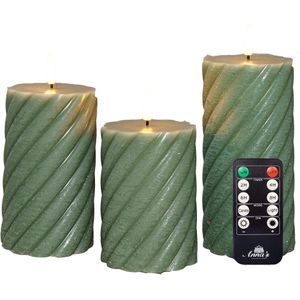 Anna Collection LED kaarsen/stompkaarsen set - 3x st - jade groen - swirl - afstandsbediening