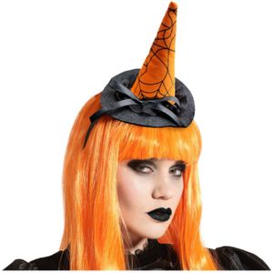 Halloween heksenhoed - mini hoedje op diadeem - one size - zwart/oranje - meisjes/dames