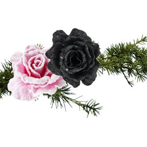 Kerstboomversiering bloemen op clip - 2x st - roze en zwart - 10 cm