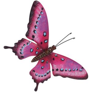 Tuin/schutting decoratie roze/lichtblauwe vlinder 44 cm - Tuin/schutting/schuur versiering/docoratie - Metalen vlinders