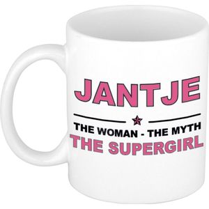 Naam cadeau Jantje - The woman, The myth the supergirl koffie mok / beker 300 ml - naam/namen mokken - Cadeau voor o.a  verjaardag/ moederdag/ pensioen/ geslaagd/ bedankt