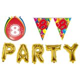 Folat - Verjaardag feestversiering 8 jaar PARTY letters en 16x ballonnen met 2x plastic vlaggetjes