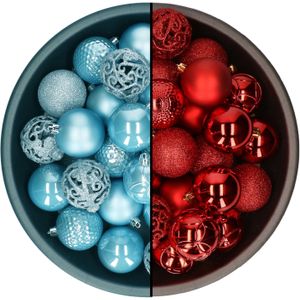 Decoris kerstballen - 74x st - rood en ijsblauw - 6 cm - kunststof