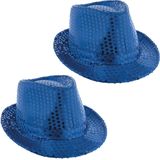 Funny Fashion Carnaval verkleed Trilby hoedje met glitter pailletten - 2x - blauw - heren/dames