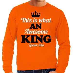 Bellatio Decorations Koningsdag sweater voor heren - awesome King - oranje - feestkleding
