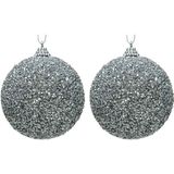 2x Zilveren glitter/kralen kerstballen 8 cm kunststof - Onbreekbare kerstballen - Kerstboomversiering zilver