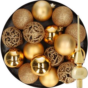 Decoris Kerstballen - kunststof -16x stuks - 6 cm - incl. glazen piek glans - goud
