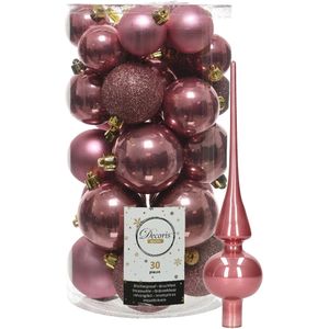 Decoris kerstballen 30x stuks - oud roze 4/5/6 cm kunststof mat/glans/glitter mix en shiny glazen piek 26 cm