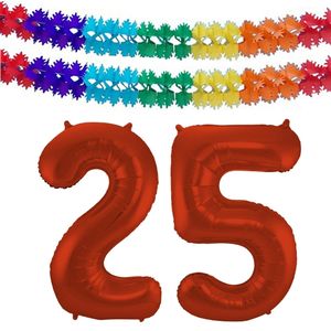 Folat folie ballonnen - Leeftijd cijfer 25 - rood - 86 cm - en 2x slingers