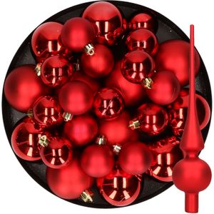 Kerstversiering kunststof kerstballen met glazen piek rood 6-8-10 cm pakket van 37x stuks - Kerstboomversiering