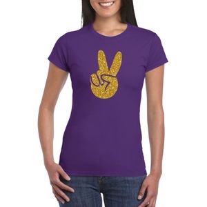 Paars Flower Power t-shirt gouden glitter peace hand dames - Sixties/jaren 60 kleding