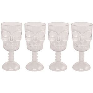 3D Doodshoofd glas - 4x - plastic transparant - 350 ml - Halloween/horror tafel dekken - Plastic glazen/wijnglazen
