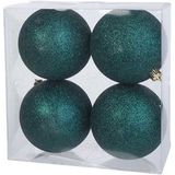 4x Petrol blauwe kunststof kerstballen 10 cm - Glitter - Onbreekbare plastic kerstballen - Kerstboomversiering petrol blauw