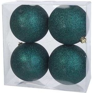 4x Petrol blauwe kunststof kerstballen 10 cm - Glitter - Onbreekbare plastic kerstballen - Kerstboomversiering petrol blauw