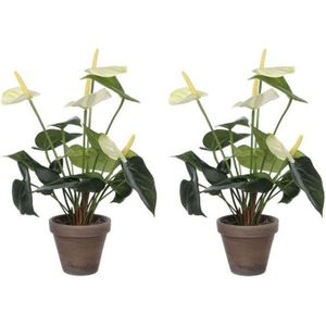 2x Witte Anthurium kunstplanten 27 cm in grijze plastic pot - Kunstplanten/nepplanten