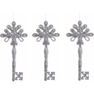 6x Kerstboom decoratie sleutels zilver 17 cm met glitters - Kerstboomversiering - kerstornamenten wit