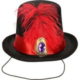 Guirca Carnaval verkleed mini hoge hoed voor diverse thema's - zwart/rood - veertje - dames