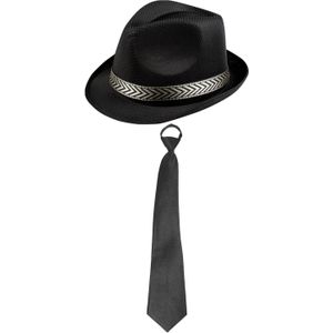 Carnaval verkleedset Blackman - hoed en party stropdas - zwart - heren/dames - verkleedkleding accessoires