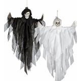 Set van 2x stuks horror hangdecoratie spook/geest poppen zwart en wit 75 cm - Halloween decoratie