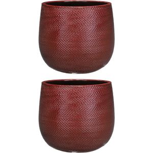 Set van 2x stuks keramiek aardewerk bloempotten  van 19 x 21 cm in het geribbeld bordeaux rood - Mica Decorations plantenpotten