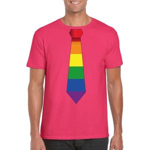 Roze t-shirt met regenboog stropdas heren  - LGBT/ Gay pride shirts