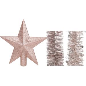 Kerstversiering kunststof glitter ster piek 19 cm en folieslingers pakket lichtroze van 3x stuks - Kerstboomversiering