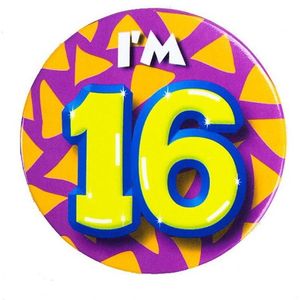 Verjaardags button/speld I am 16 - 16e verjaardag - kledingdecoratie - verjaardag / sweet sixteen