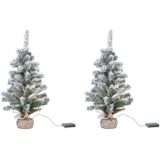 2x stuks kunstboom/kunst kerstboom met sneeuw en licht 75 cm - Kunst kerstboompjes/kunstboompjes met kerstverlichting