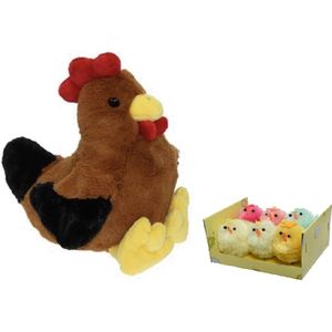 Pluche bruine kippen/hanen knuffel van 25 cm met 6x stuks mini gekleurde kuikentjes 4 cm - Paas/pasen decoratie