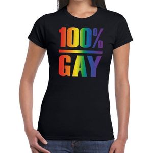 100 procent Gay pride t-shirt zwart met regenboog tekst voor dames -  lgbt kleding