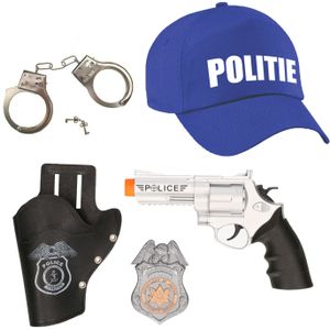 Carnaval verkleed politie agent pet/cap - blauw - met pistool/badge/handboeien - heren/dames