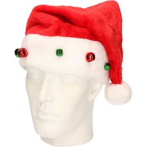 Rode kerstmutsen met gekleurde jingle bells/belletjes voor volwassenen  - Kerstaccessoires/kerst verkleedaccessoires - voor personen met een hoofmaat tot maat 54