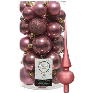 Decoris kerstballen 30x stuks - oud roze 4/5/6 cm kunststof mat/glans/glitter mix en mat glazen piek 26 cm