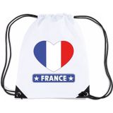 Frankrijk nylon rijgkoord rugzak/ sporttas wit met Franse vlag in hart