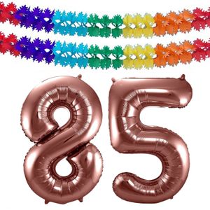 Folat folie ballonnen - Leeftijd cijfer 85 - brons - 86 cm - en 2x slingers