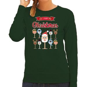 Bellatio Decorations foute kersttrui/sweater dames - Kerst Wijn - groen - All I Want For Christmas