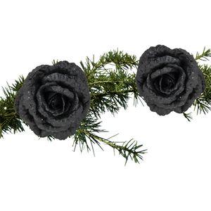 Kerstboom bloemen op clip - 2x stuks - zwart glitter - 15 cm