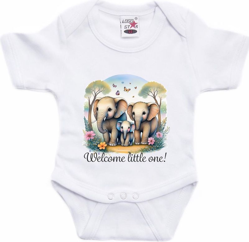 Bellatio Decorations Baby rompertje - welkom kleintje - baby olifantje - wit - kraam cadeau - babyshower - cadeau romper