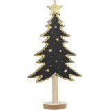 Kerstdecoratie houten decoratie kerstboom zwart met gouden sterren B18 x H36 cm - Kerstversiering kerstbomen met licht