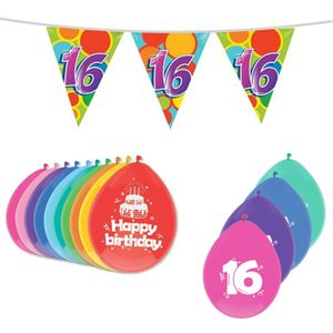 Haza Leeftijd verjaardag thema pakket 16 jaar - ballonnen/vlaggetjes