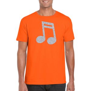 Zilveren muziek noot  / muziek feest t-shirt / kleding - oranje - voor heren - muziek shirts / muziek liefhebber / outfit