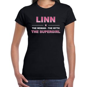 Naam cadeau Linn - The woman, The myth the supergirl t-shirt zwart - Shirt verjaardag/ moederdag/ pensioen/ geslaagd/ bedankt