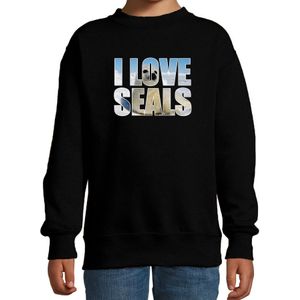 Tekst sweater I love seals met dieren foto van een zeehond zwart voor kinderen - cadeau trui zeehonden liefhebber - kinderkleding / kleding