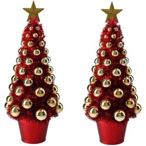 2x stuks complete mini kunst kerstboompje/kunstboompje rood/goud met kerstballen 40 cm - Kerstbomen - Kerstversiering