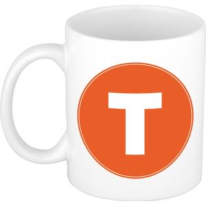Mok / beker met de letter T oranje bedrukking voor het maken van een naam / woord - koffiebeker / koffiemok - namen beker