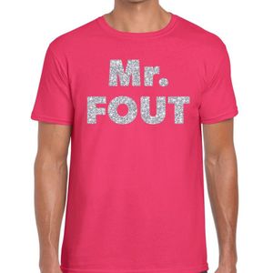 Mr. Fout zilveren glitter tekst t-shirt roze heren - Foute party kleding