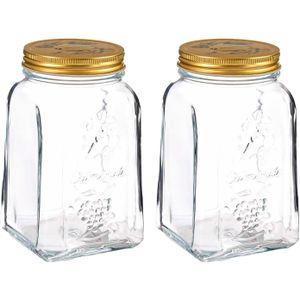 Pasabahce Voorraadpot/bewaarpot Square - 2x - glas - 1,5L - transparant/goud - D10 x H19 cm - voedsel bewaren