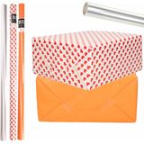 6x Rollen kraft inpakpapier transparante folie/hartjes pakket - oranje/harten design 200 x 70 cm - Valentijn/liefde/cadeaupapier